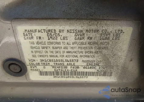 2005 Nissan Sentra 1.8S from USA, damaged, VIN 3N1CB51D55L565573